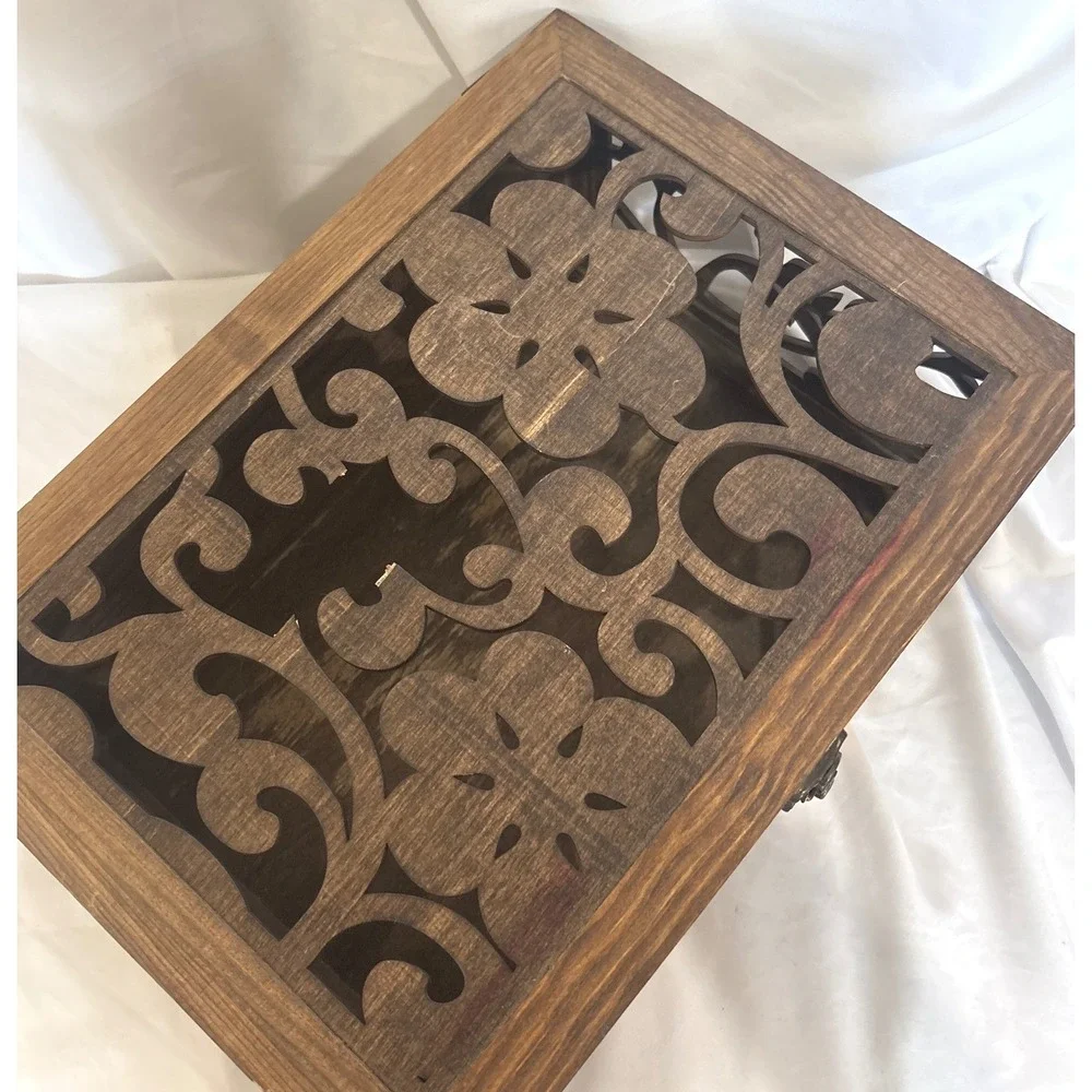 Laser Cut Wooden Keepsake Box Large Brown Floral Filigree Carved Latch Chest